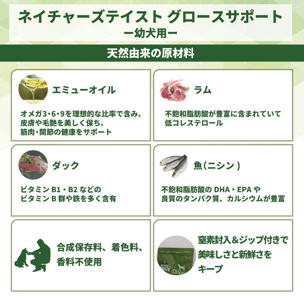 ネイチャーズテイスト グロースサポート ラム&ダック&フィッシュ 12kg(3kgx4袋) 犬 フード ドッグフード ドライ 小粒 幼犬用 母犬 無添加 オーストラリア エミューオイル マルチタンパク アレルギー対策