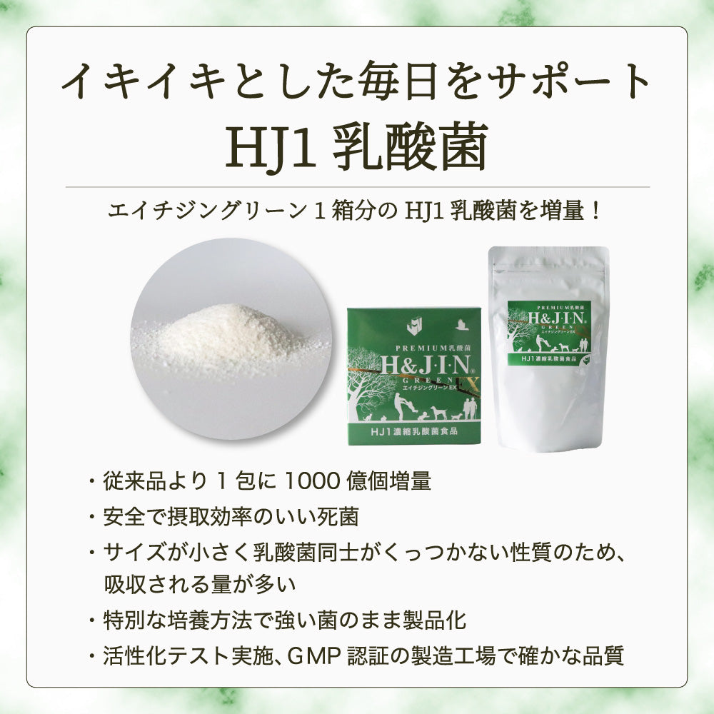 Premium 乳酸菌 エイチジングリーンEX H&JIN 動物用 45g(1.5g×30包) エイチアンドジン JIN H&J 犬 猫 ペット 動物 死菌 HJ1 乳酸菌 腸活 善玉菌 サプリメント