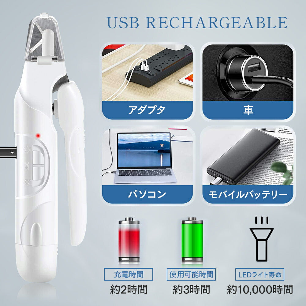 ラムール 2in1 ネイルクリッパー&爪やすりセット 中・大型犬用 ペット 犬 猫 小動物 爪切り 電動 爪やすり 深爪防止 ライト 爪飛び散り防止 ニッパー LAMOUR