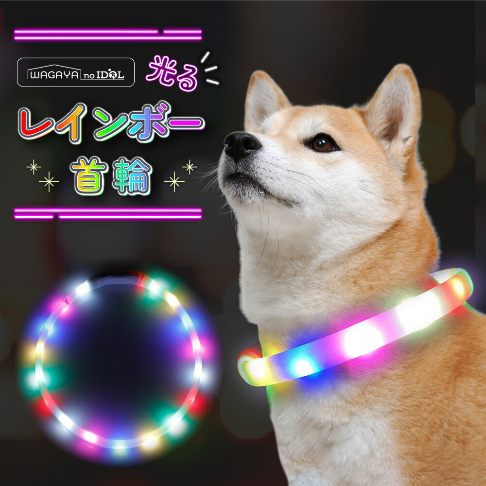 光る レインボー首輪 ペット 犬 猫 首輪 カラー 光る 虹色 6色 LED ライト サイズ調整可能 USB充電 夜間 散歩 安全 防犯 小 –  ハピポート