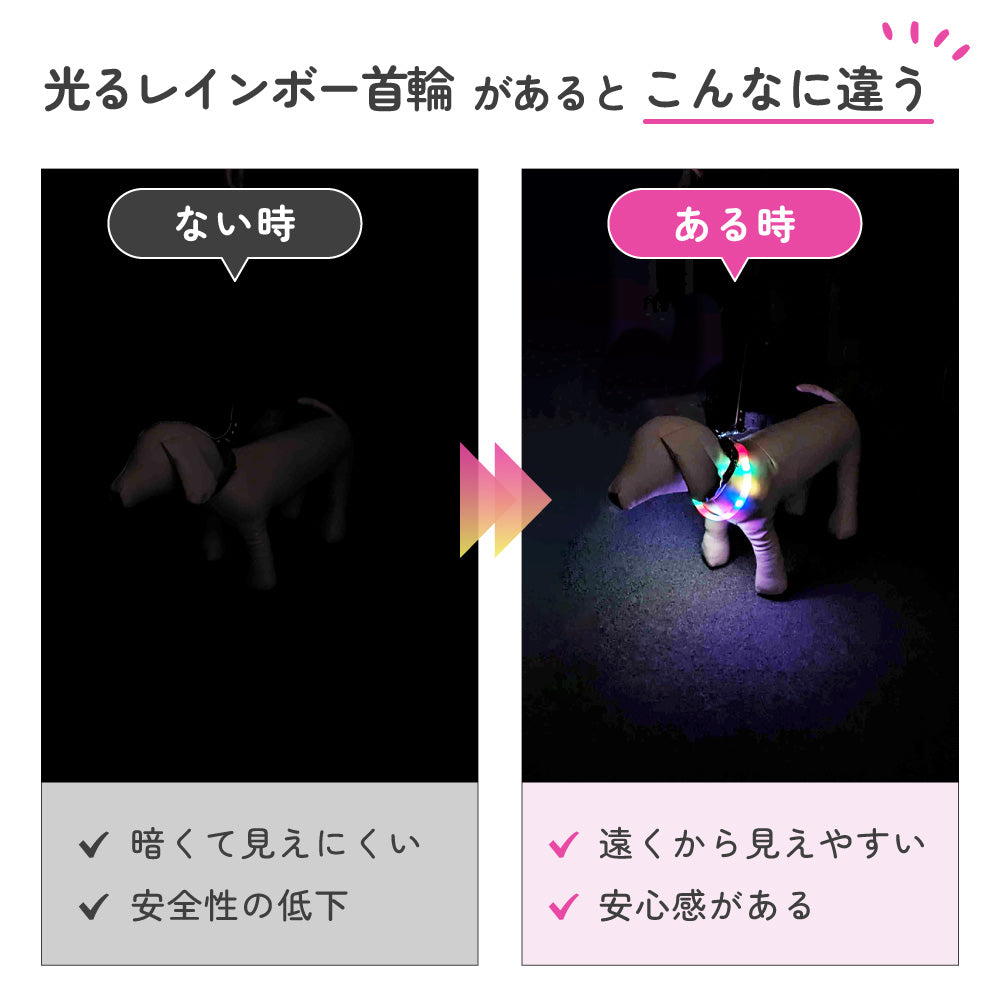 光る レインボー首輪 ペット 犬 猫 首輪 カラー 光る 虹色 6色 LED ライト サイズ調整可能 USB充電 夜間 散歩 安全 防犯 小型犬 中型犬 大型犬 わが家のアイドル