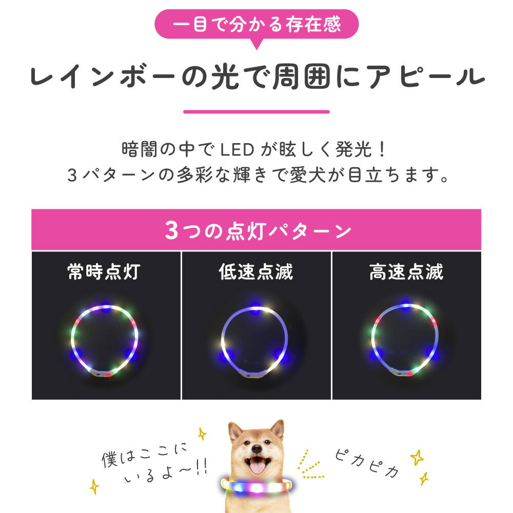 光る レインボー首輪 ペット 犬 猫 首輪 カラー 光る 虹色 6色 LED ライト サイズ調整可能 USB充電 夜間 散歩 安全 防犯 小型犬 中型犬 大型犬 わが家のアイドル