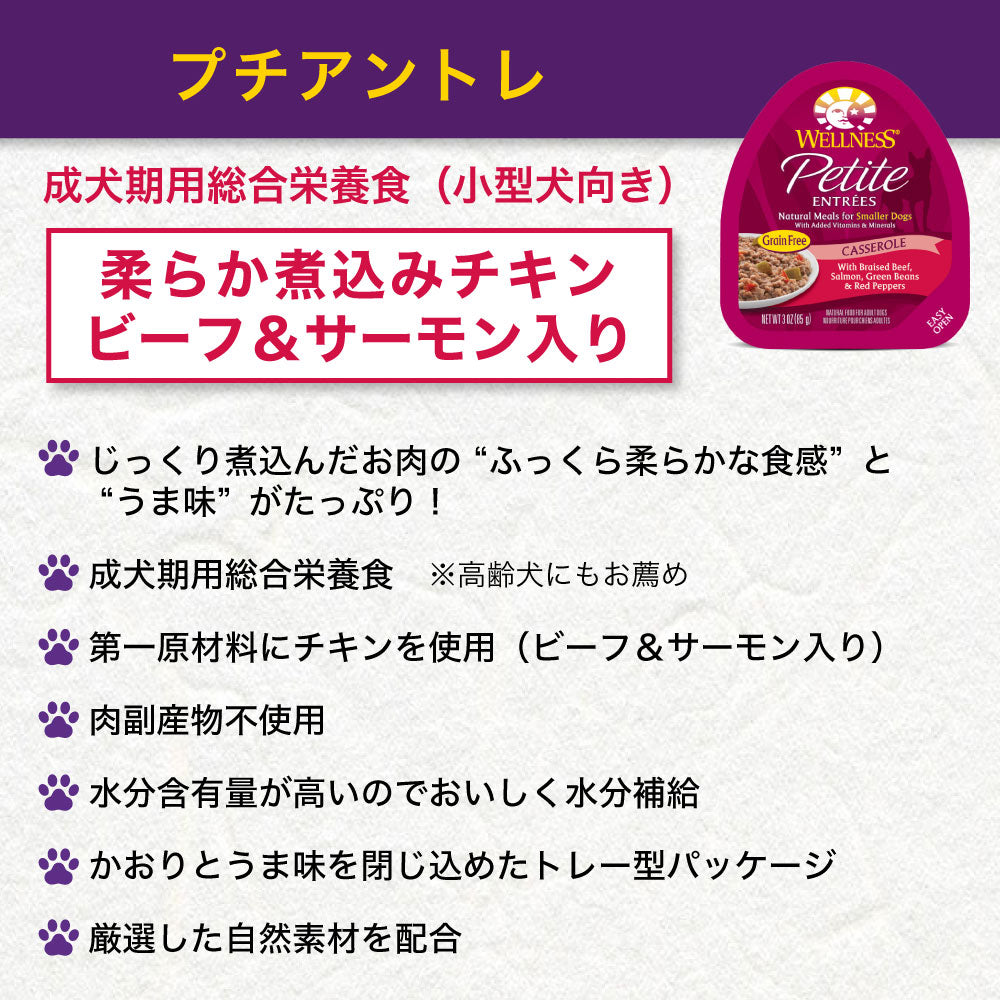 ウェルネス プチアントレ 柔らか煮込みチキン ビーフ&サーモン入り 85g 犬 ドッグフード 犬用 総合栄養食 ウェット 小型犬向き 穀物不使用 WELLNESS