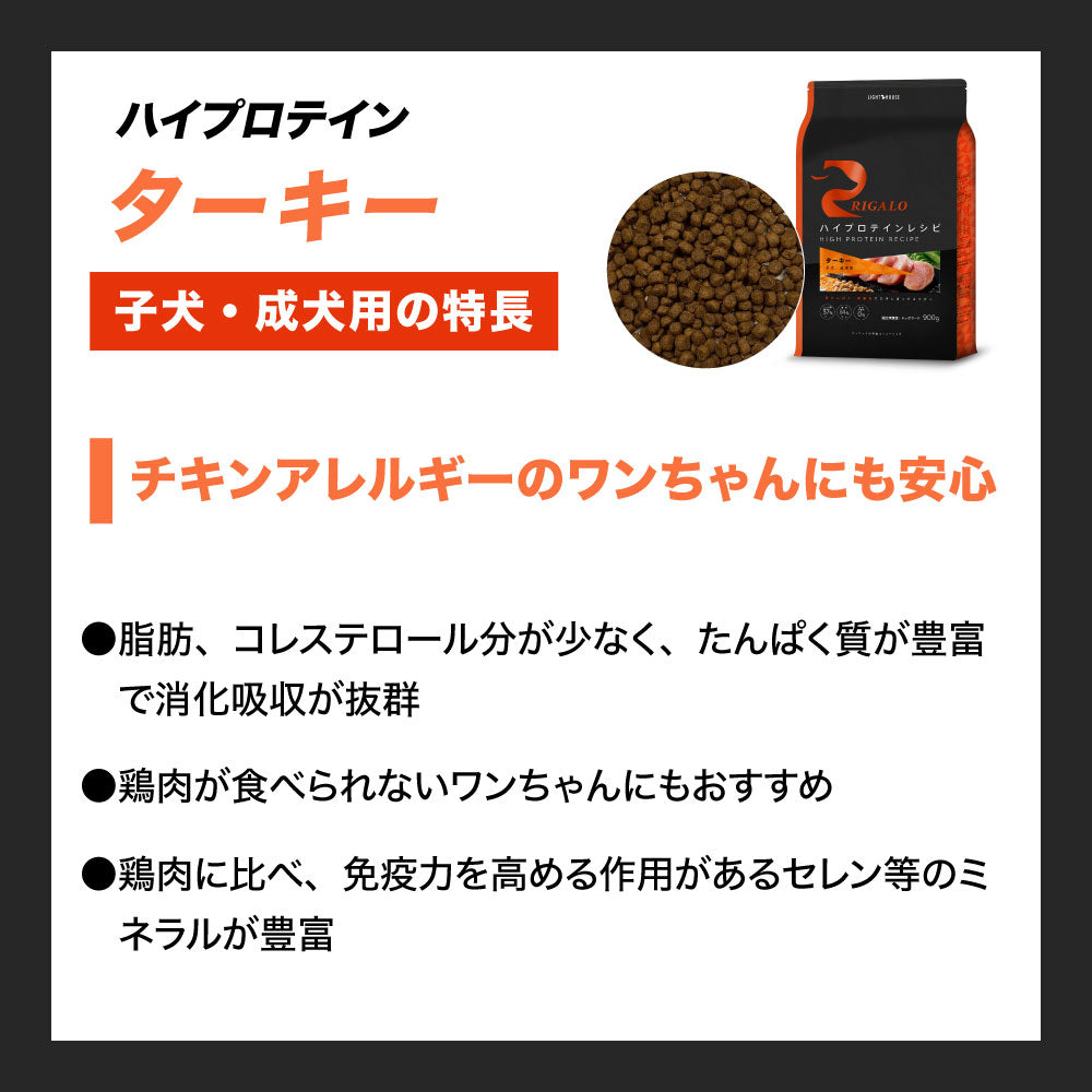 リガロ ハイプロテインレシピ 子犬・成犬用 ターキー 3.6kg 犬 ドッグフード ドライ パピー アダルト 穀物不使用 アレルギー 高たんぱく 総合栄養食 RIGALO