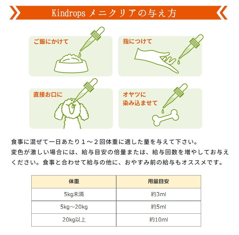 カインドロップス メニクリア 犬 猫 サプリ 涙やけ 液体 犬用 猫用 サプリメント 眼病予防 目の健康維持 経口 植物由来 ペット kindrops 純国産
