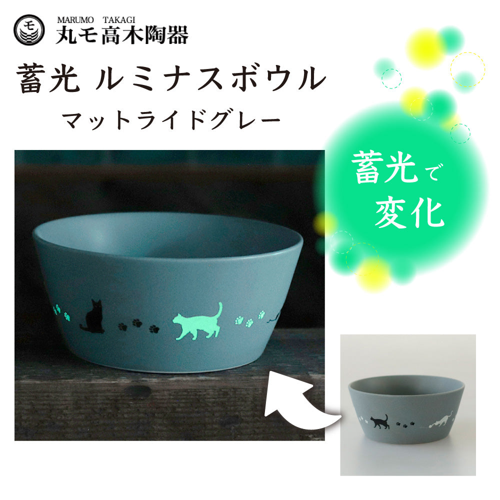 丸モ高木陶器 蓄光 猫 13cm ルミナスボウル マットライトグレー 猫 猫柄 皿 ボウル 猫モチーフ 陶器 ネコ 食器 温度で変化 色が変わる 猫グッズ 日本製