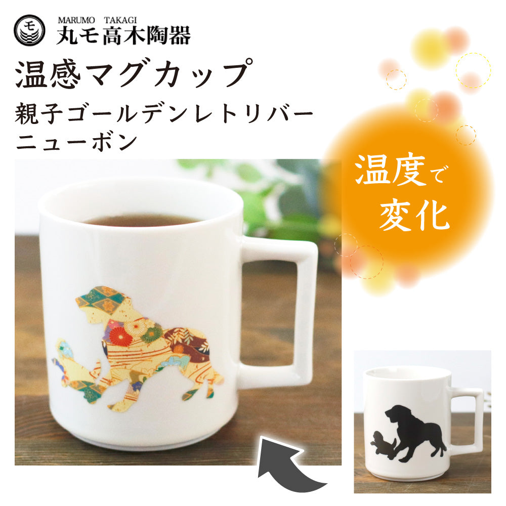 丸モ高木陶器 温感マグ 親子ゴールデンレトリバー ニューボン 犬 犬柄 マグカップ マグ 犬モチーフ 陶器 イヌ 食器 温度で変化 色が変わる 犬グッズ 日本製