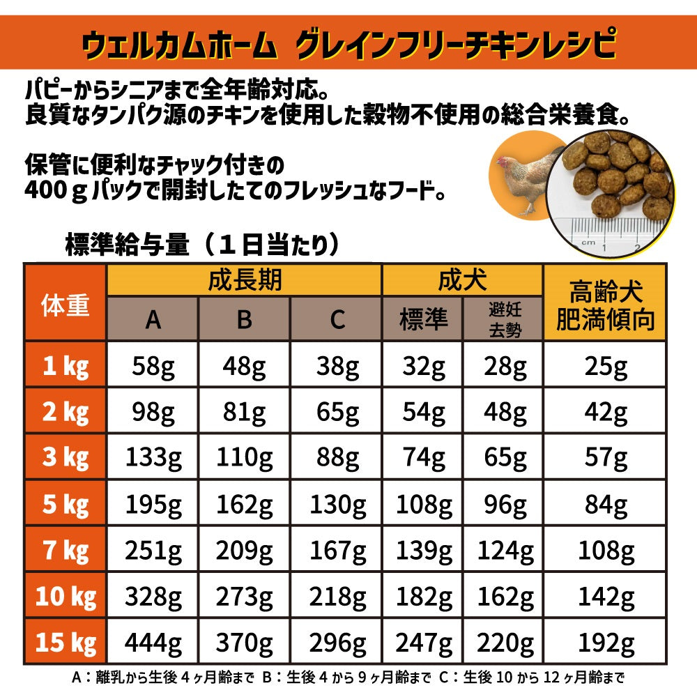 ウェルカムホーム グレインフリー チキンレシピ 800g(400g×2袋) 犬 犬用 フード ドッグフード ドライ 穀物不使用 小分け 全犬種 全年齢対応 総合栄養食