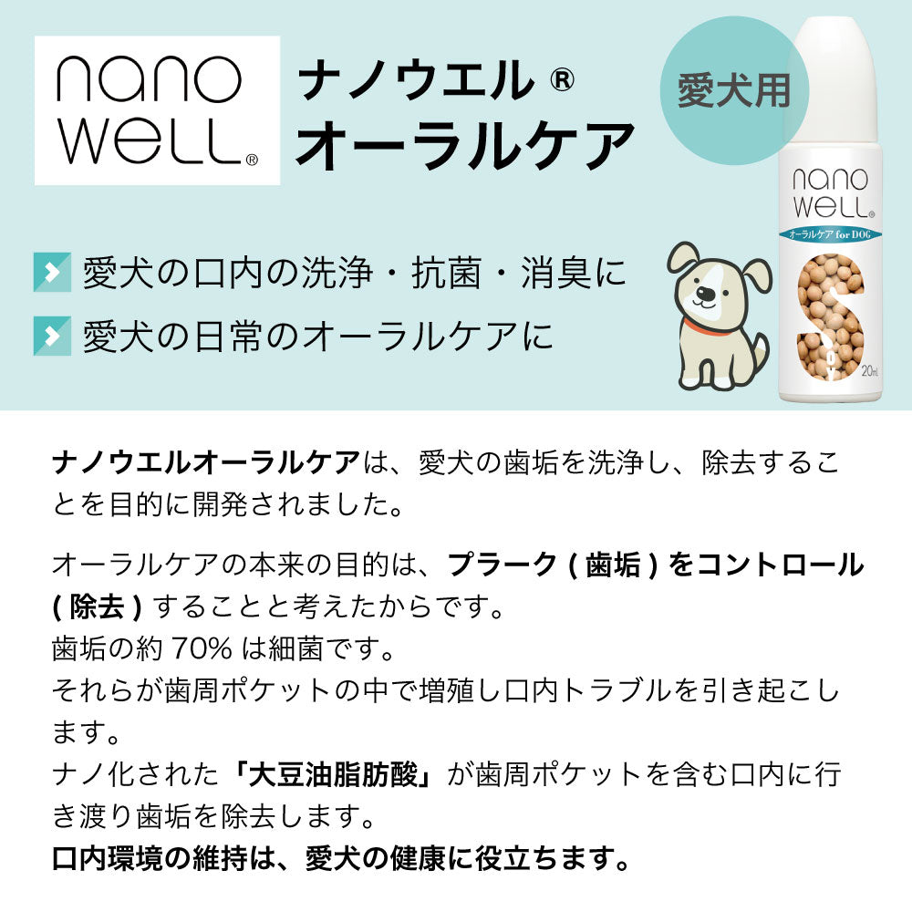 ナノウエル オーラルケア 愛犬用 20ml 犬 デンタルケア 口腔ケア 歯垢除去 洗浄液 大豆 デンタル 歯周病 口内ケア 消臭 イヌ 日本製