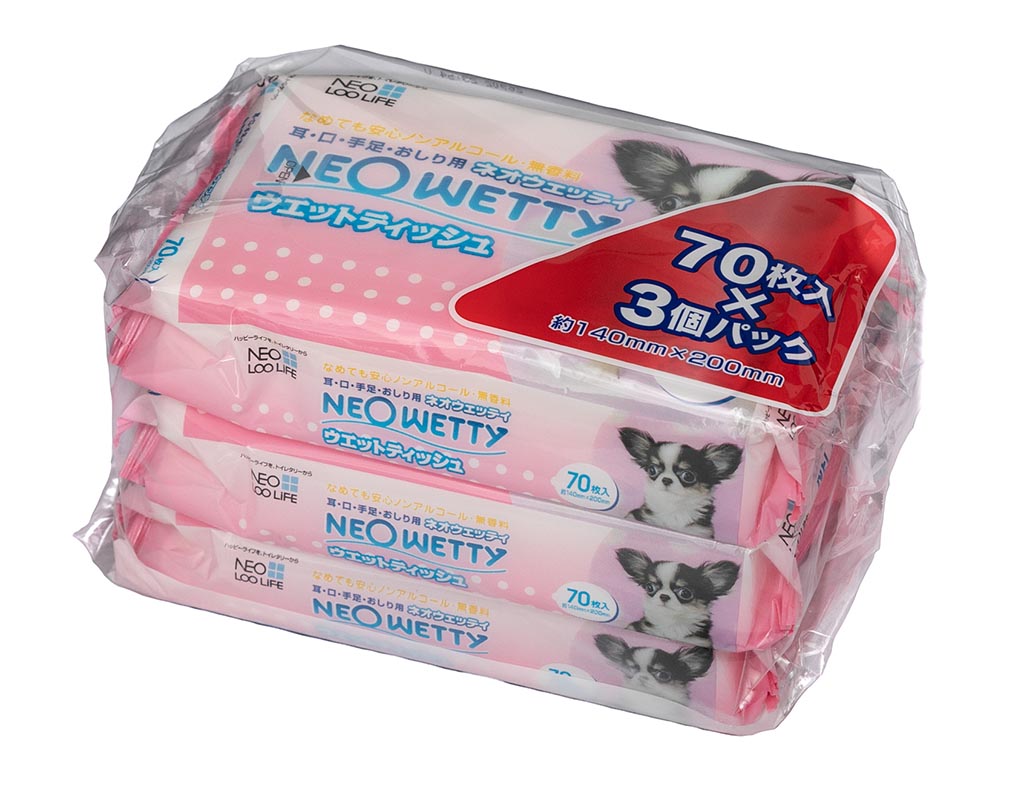 コーチョー ネオウェッティ ウェットティッシュ 70枚×3個パック ペット 犬 猫 お手入れ おしり拭き ティッシュ ノンアルコール 無香料 日本製