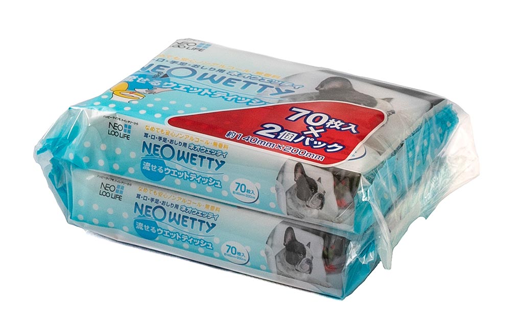 コーチョー ネオウェッティ 流せるウェットティッシュ 70枚×2個パック ペット 犬 猫 お手入れ おしり拭き ティッシュ ノンアルコール 無香料 流せる 日本製