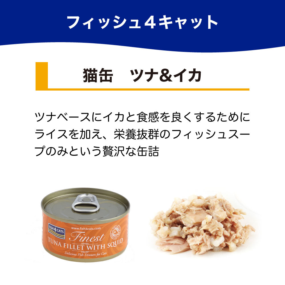 フィッシュ4 キャット 缶詰シリーズ ツナ&イカ 70g 猫 フード 猫用フード キャットフード アレルギー 魚 ウェットフード 猫缶 無添加 無着色 一般食