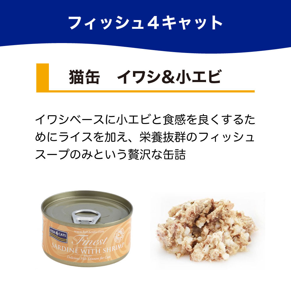フィッシュ4 キャット 缶詰シリーズ イワシ&小エビ 70g 猫 フード 猫用フード キャットフード アレルギー 魚 ウェットフード 猫缶 無添加 無着色 一般食