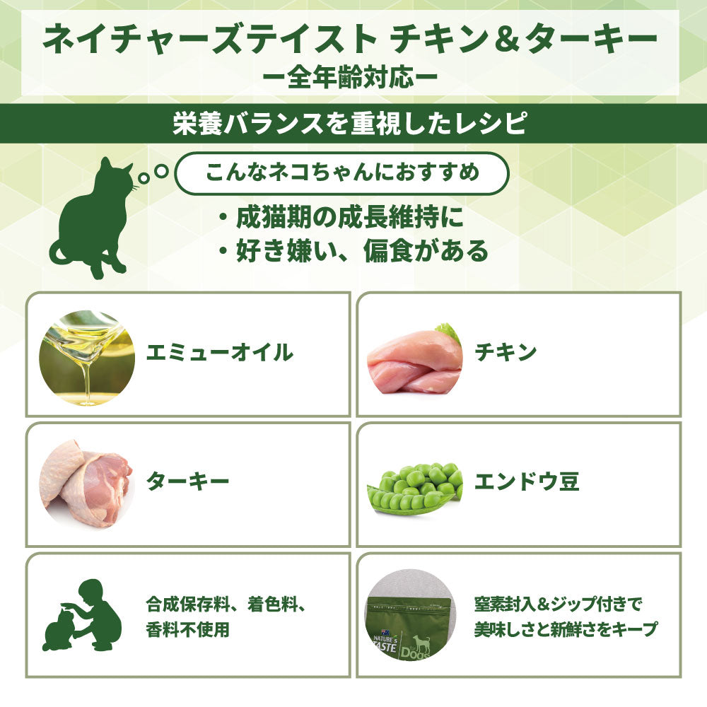 ネイチャーズテイスト キャット チキン＆ターキー 800g(200gx4袋) 猫 フード キャットフード ドライ 子猫用 成猫用 全年齢対応 無添加 オーストラリア エミューオイル グレインフリー グルテンフリー アレルギー対策
