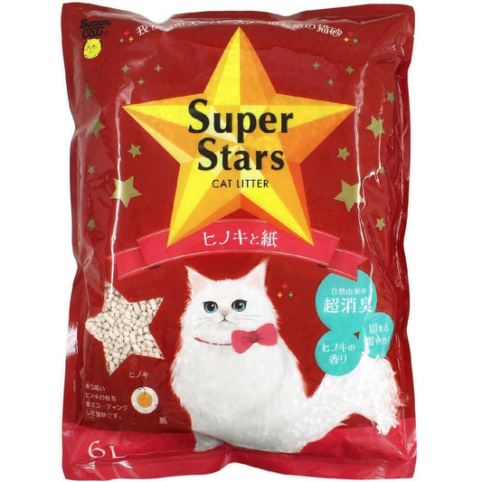 スーパーキャット 猫砂 SUPER STARS CAT LITTER ひのきと紙 6L 猫 トイレ ネコ砂 小粒 消臭 吸着 ひのきの香り 紙コーティング