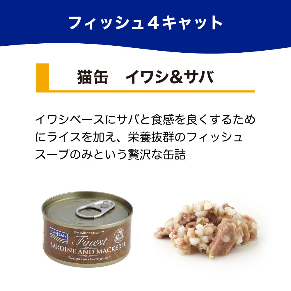 フィッシュ4 キャット 缶詰シリーズ イワシ&サバ 70g 猫 フード 猫用フード キャットフード アレルギー 魚 ウェットフード 猫缶 無添加 無着色 一般食